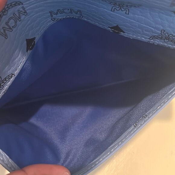 MCM Foldover Flap Envelope Clutch Blue Black Logo Monogram Print Pouch Bag NEW - Picture 4 of 8